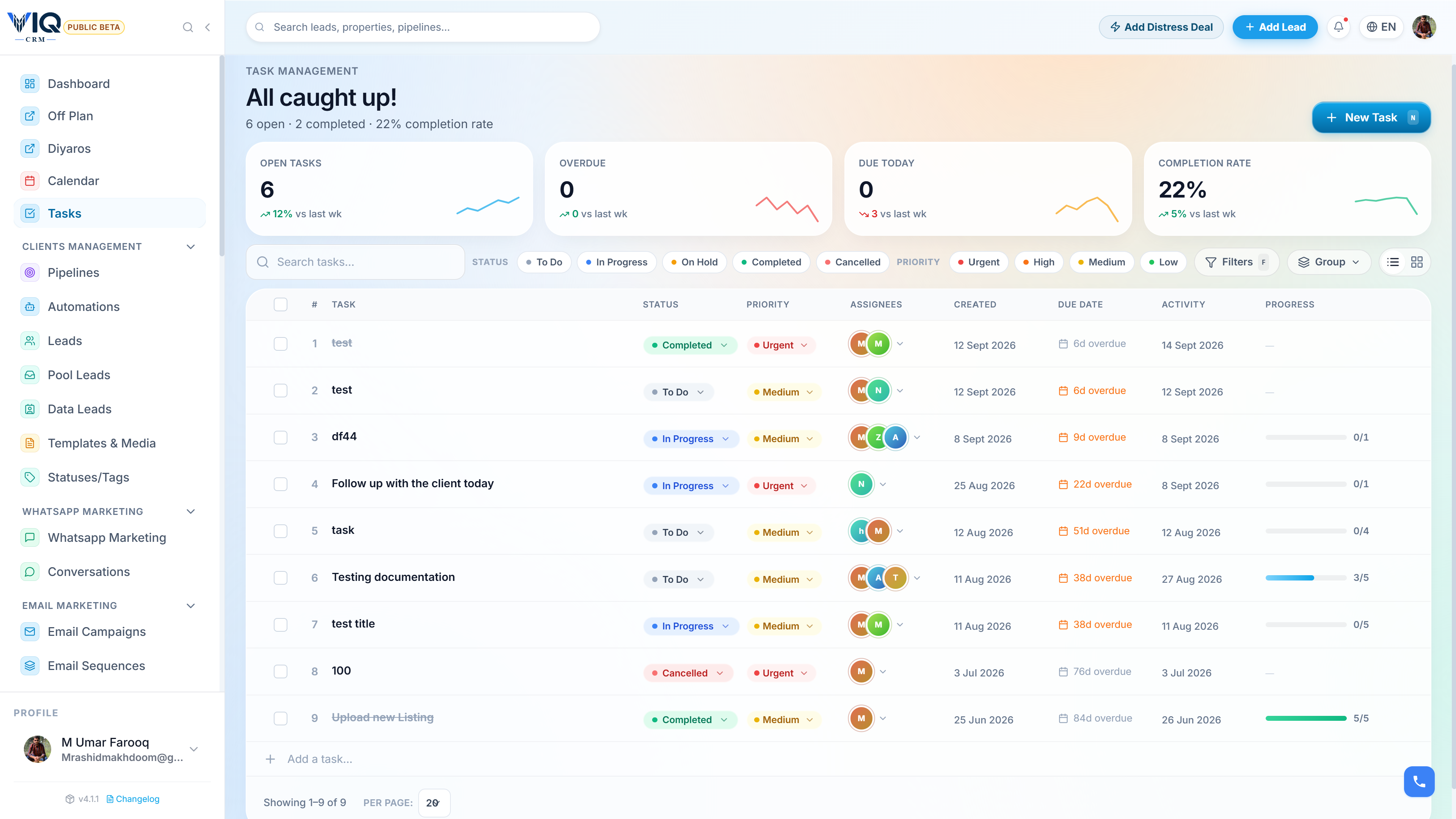 VIQ CRM tasks on the lead