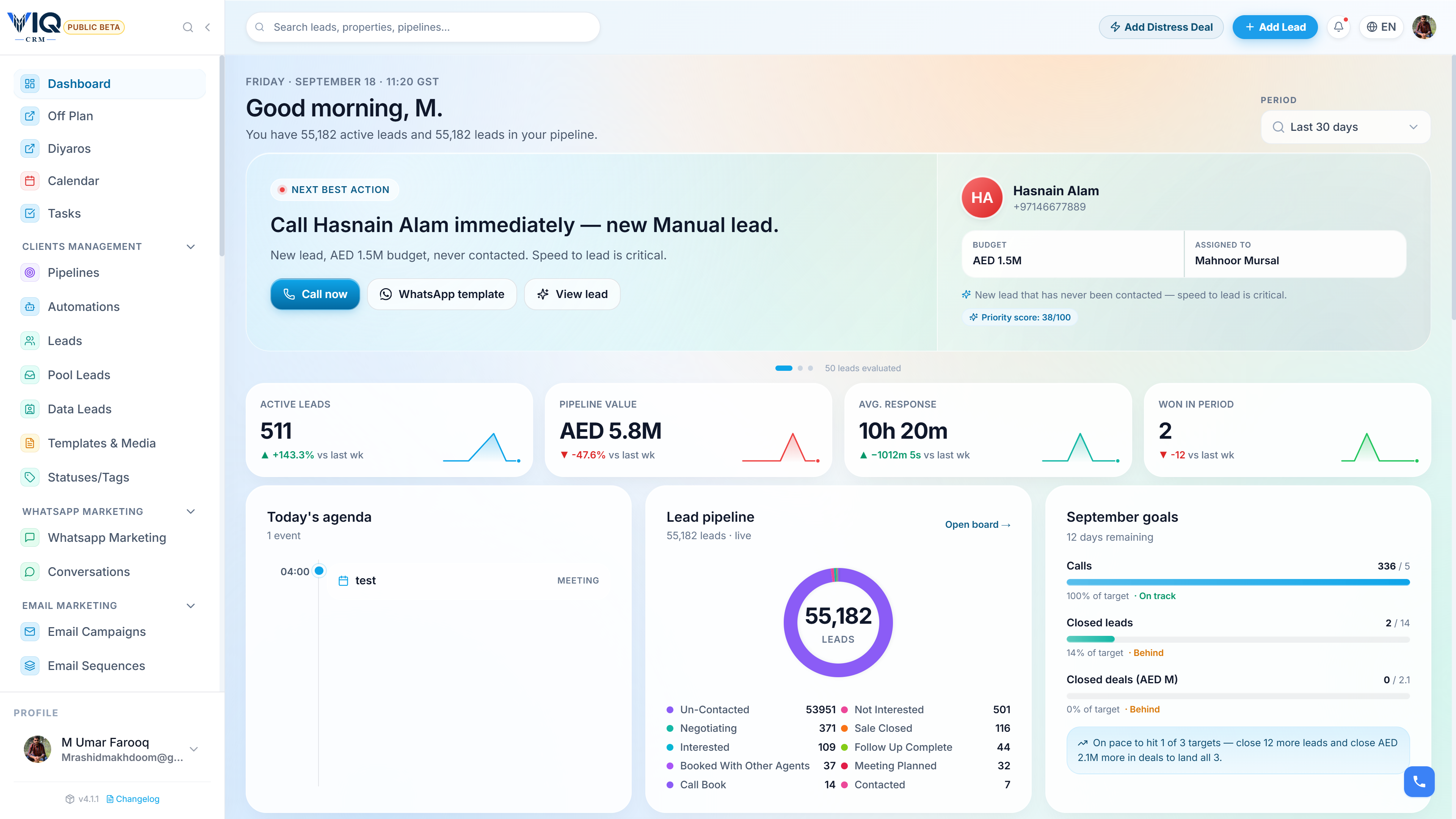 VIQ CRM dashboard for the morning view